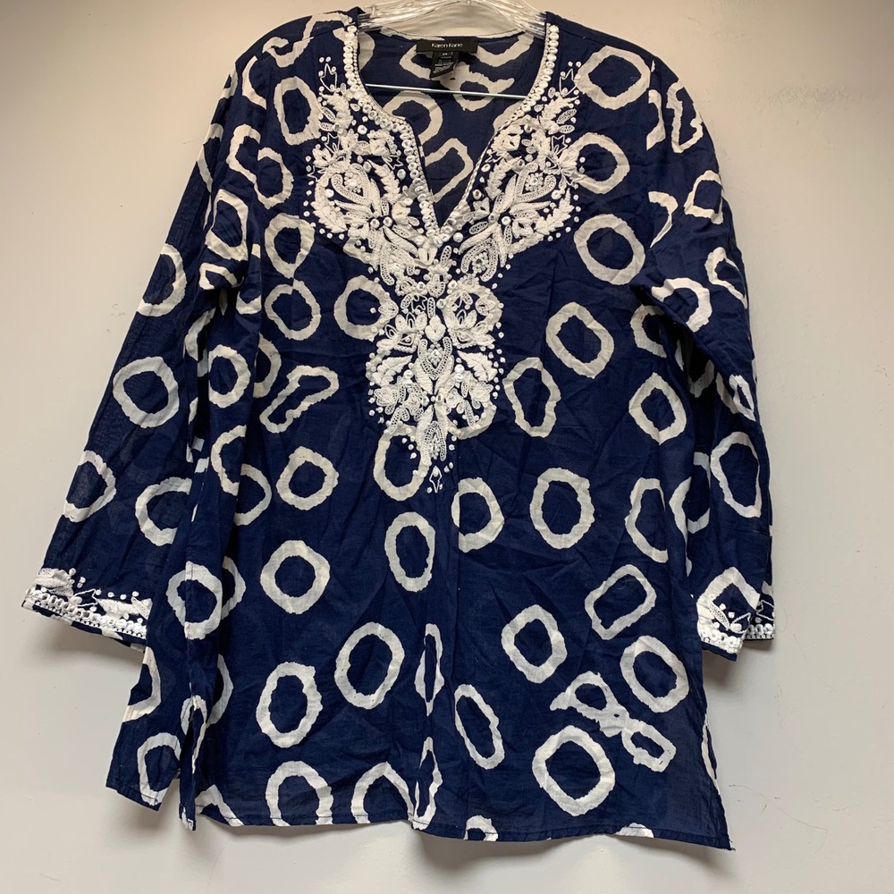 Karen Kane Tunic Top Womens XS Navy Blue Excellent Embroidered Cotton Boho 12491